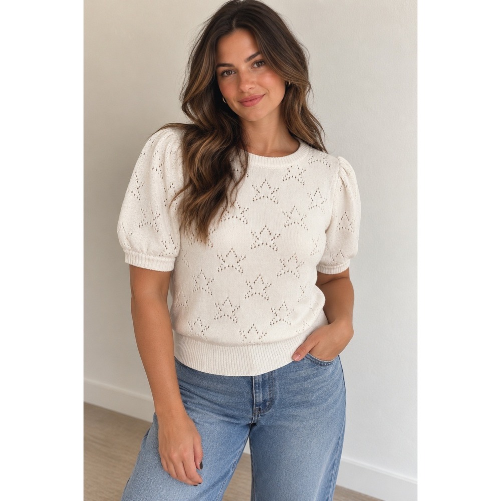 ELIE TAHARI | Star Pointelle Sweater Women Small White Puff Sleeve Knit Top